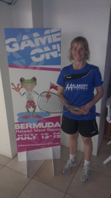 An elated - if exhausted - Joan Smith after winning silver in the women's squash singles on Monday. Photo: Ian Smith