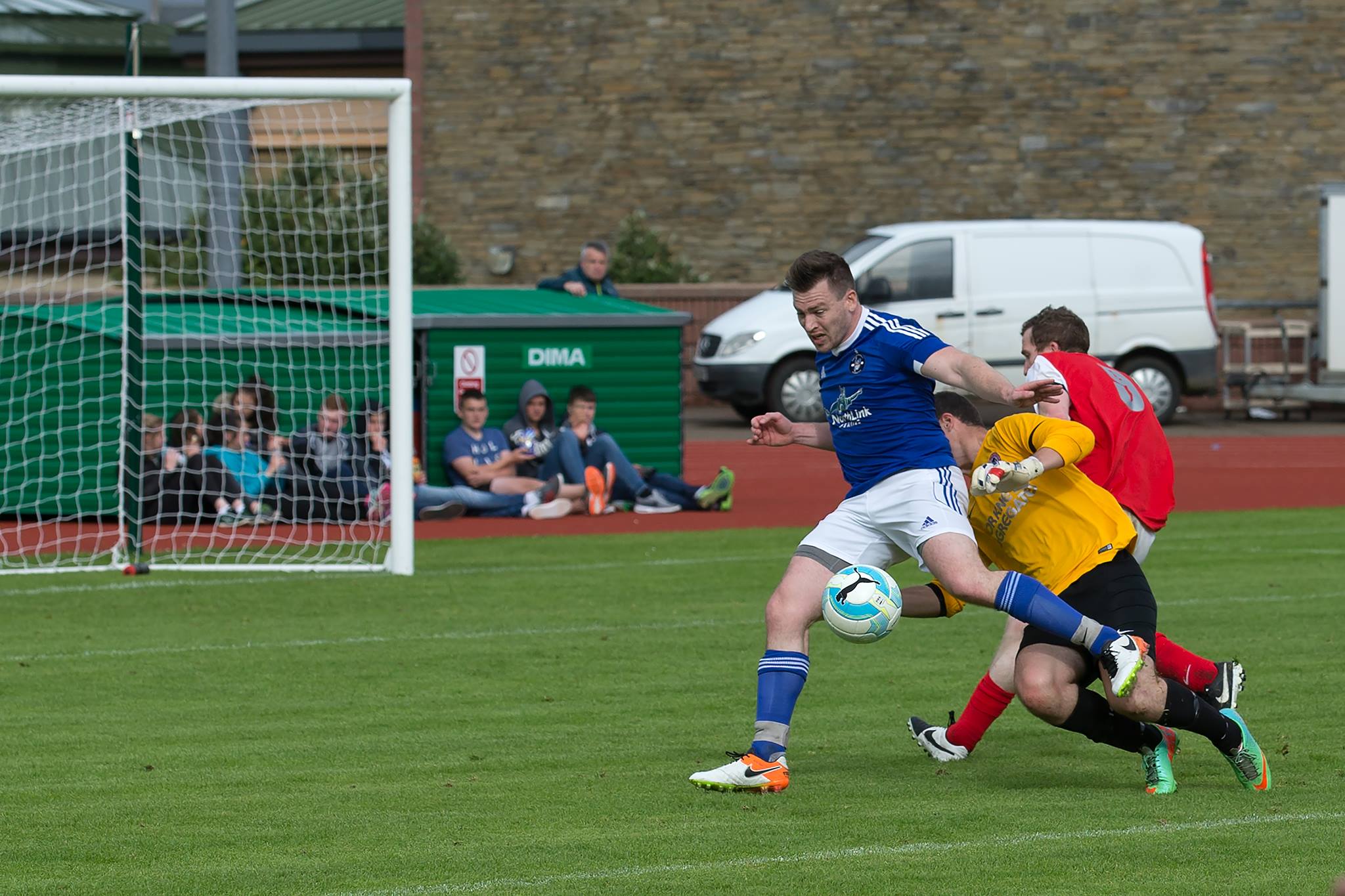 Paul Molloy on target for Shetland's first goal. Photo Kevin Jones.