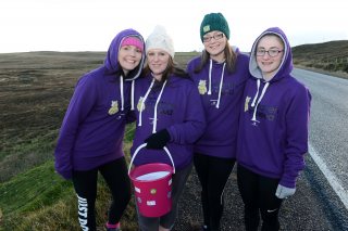 Walking from Dunrossness to Lerwick are Lucy Saether, Marianne Robertson, Amanda Smith and Caitlin Ward all to raise money fro Children in Need. Photo:Dave Donaldson