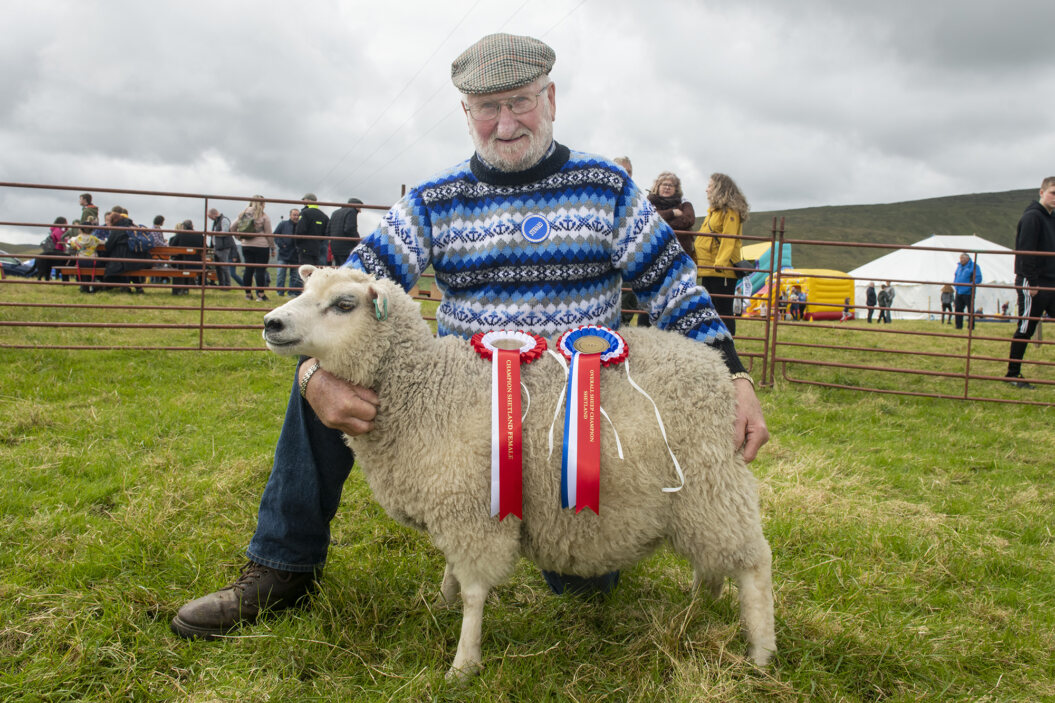 Kenny Doull displays the Shetland Champion, who his wife, Patricia Doull, has entered into the show. 